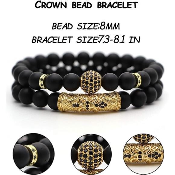 Mens Beaded Bracelets Set 4 Black Matte Onyx Stone Crown Adjustable Jewelry - Picture 3 of 8